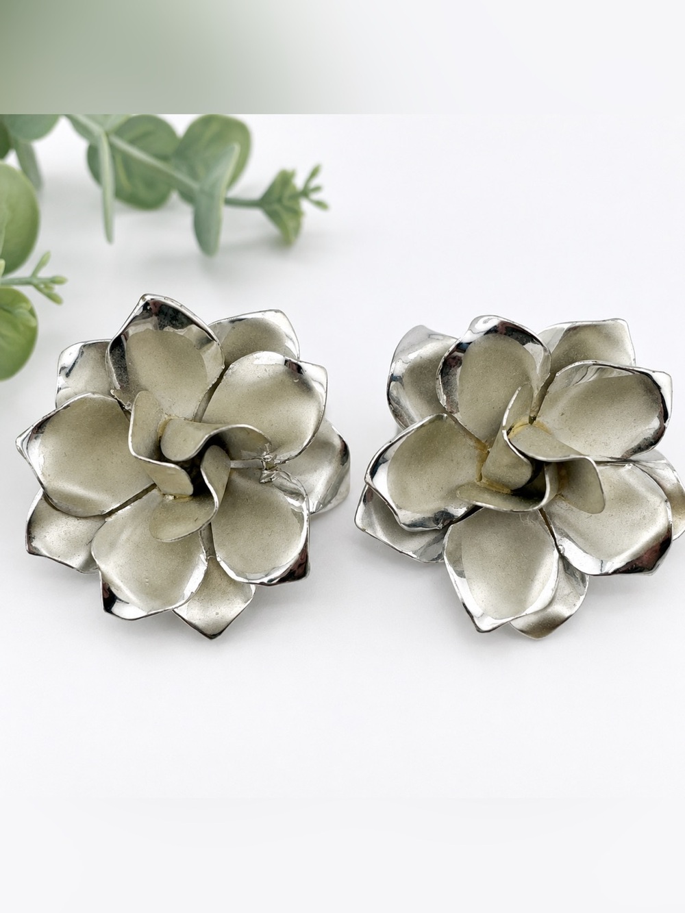 Vintage Silver Tone Flower Clip-On Statement Earrings